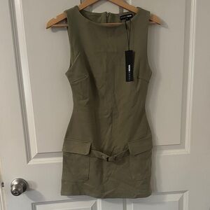 Fashion Nova Olive Green Sleeveless Mini Dress with Belted Pockets